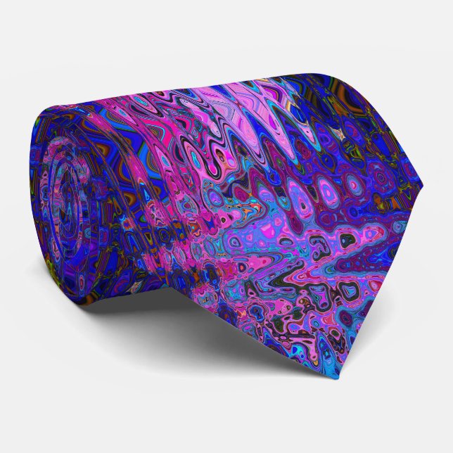 Gravata Mosaico Abstrato Rosa e Azul Ondulado Retro (Rolled)