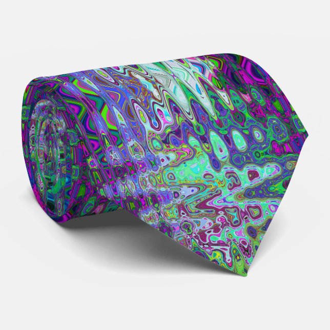 Gravata Mosaico Retro Abstrato Verde e Roxo Ondulado (Rolled)