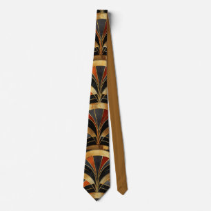 Gravata Motivo de Leque Art Deco Preto, Dourado e Vermelho