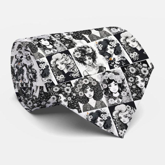 Gravata Mulheres Whimsical em Preto e Branco (Rolled)