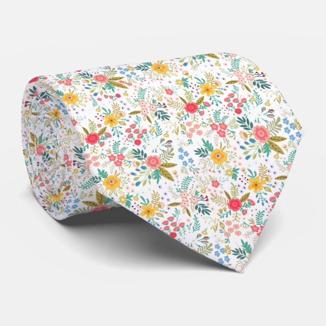 Gravata Multicolor spring floral pattern white background (Rolled)