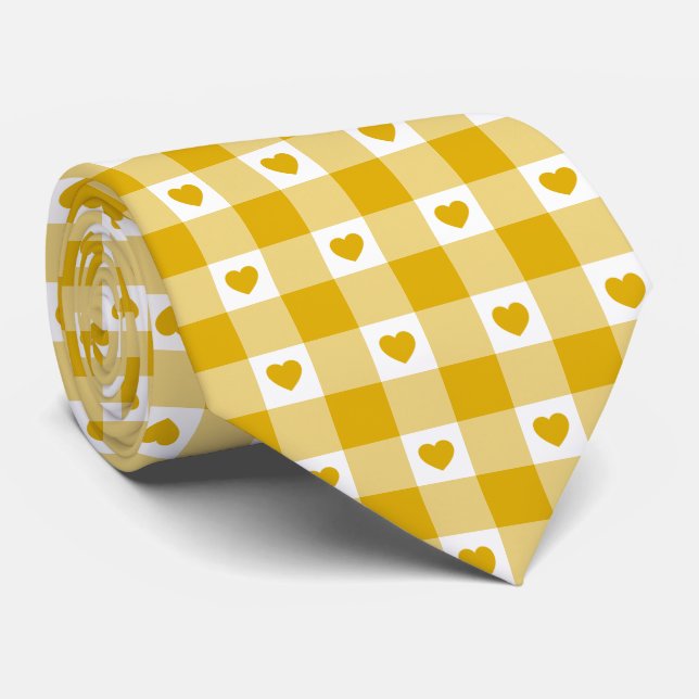 Gravata Mustard Yellow Heart Plaid Retro Color Neck Tie (Rolled)