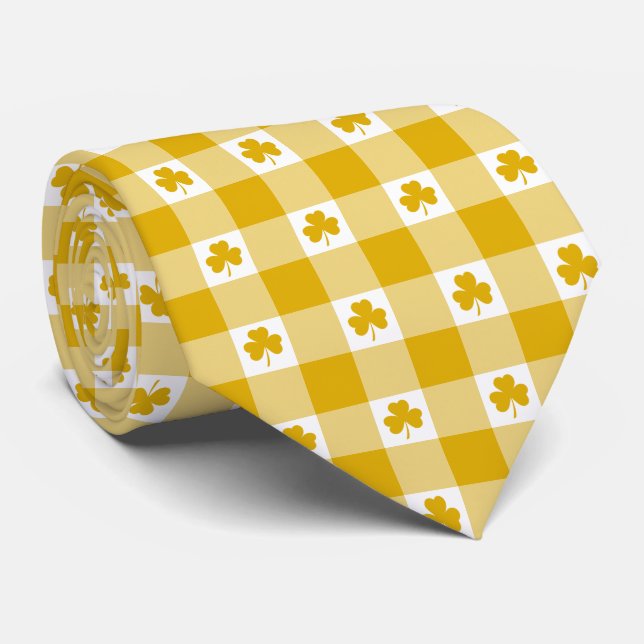 Gravata Mustard Yellow Plaid Shamrock Clover Neck Tie (Rolled)