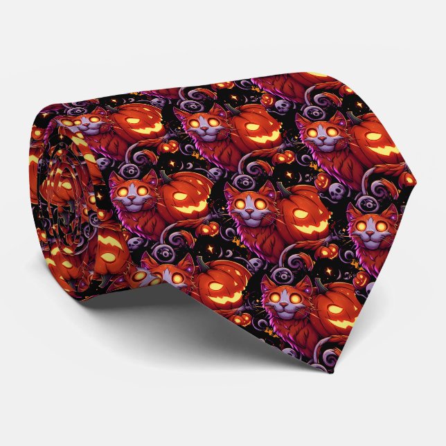 Gravata Mystical Cat & Pumpkins Brilhante (Rolled)