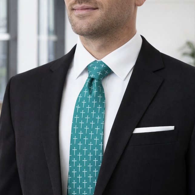 Gravata Nails Cross Teal Blue Christian Neck Tie for Men (Criador carregado)