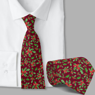 Gravata Natal com padrão caprichoso de azevinho vermelho e