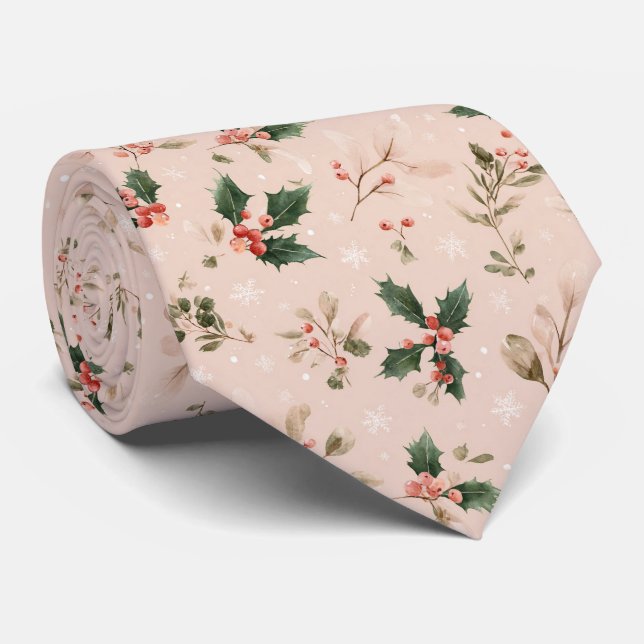 Gravata Natalino Azevinho Botânico Floco de Neve Rosa Empo (Rolled)