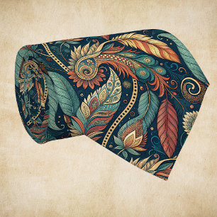 Gravata Native American Feather Swirl Terra Cotta Teal