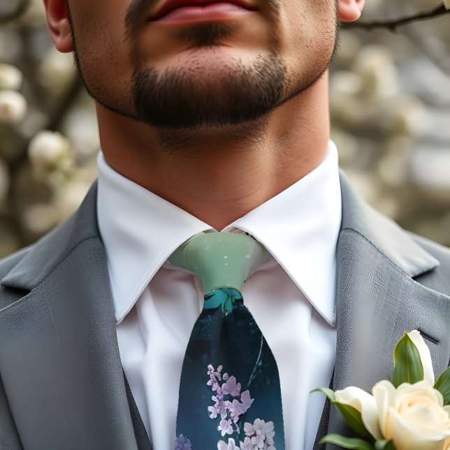 Gravata Natureza Noturna da Madeira de Flor Lilar abstrato (Abstract Spring lilac floral neck tie inspired by the peaceful vibes of a woodland night wedding.)