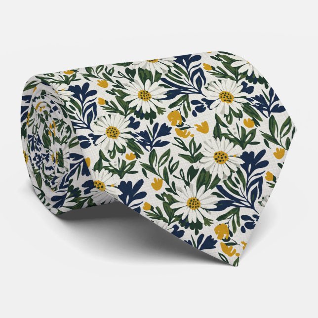 Gravata Navy Daisy & Floral Mostarda  (Rolled)