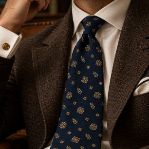Gravata Navy Dourado Heritage Floral em Treliça