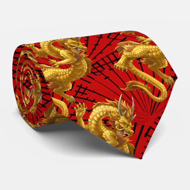 Gravata Necktie Dourada Dragão Chinês (Rolled)