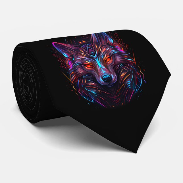 Gravata Necktie Neon Wolf Neon Radiante Negra Futurística (Rolled)