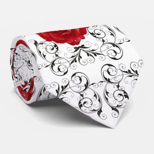Gravata Necktie - Red Roses Black Scrollwork