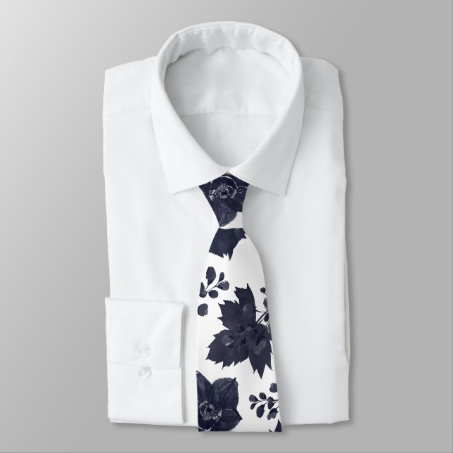 Gravata Noiva Elegante Peônia Azul Marinho e Branco Casame (Amarrado)