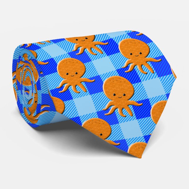 Gravata Nome Personalizado de Xadrez Azul de Octopus de Cu (Rolled)