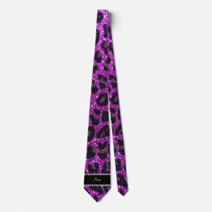 Gravata Nome personalizado néon roxo gliter impressão leop