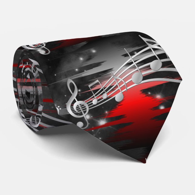Gravata Notas e Ondas de Som de Música Vermelha e Prata (Rolled)