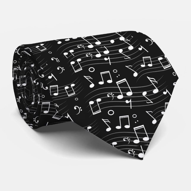 Gravata Notas Musicais em Preto e Branco (Rolled)