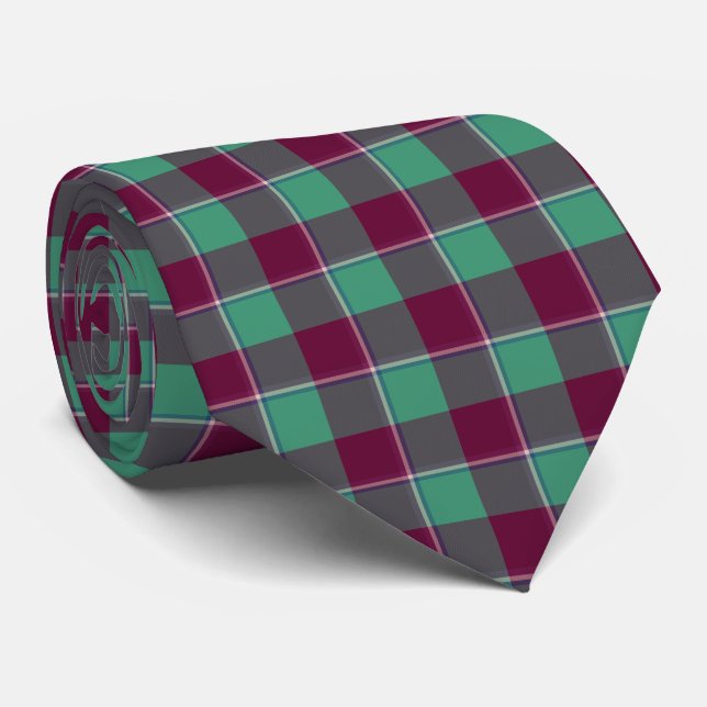 Gravata Ocean Green and Mulberry Wood Plaid Neck Tie (Rolled)