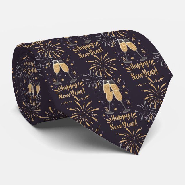 Gravata Óculos de champanhe de Feliz ano novo negro Dourad (Rolled)