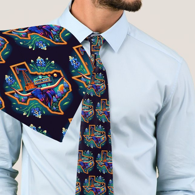 Gravata Óleo de Longhorn em Forma de Texas Bombeia Bluebon (Texas Themed Necktie Colorful Longhorn Steer and Bluebonnets in the shape of Texas)