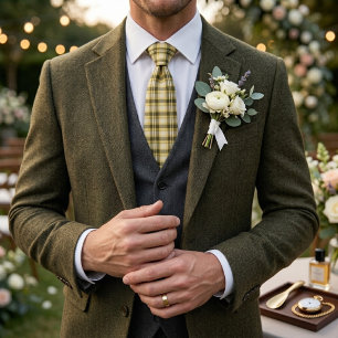 Gravata Olive Green Cream Xadrez Clássico Estilo Inglês