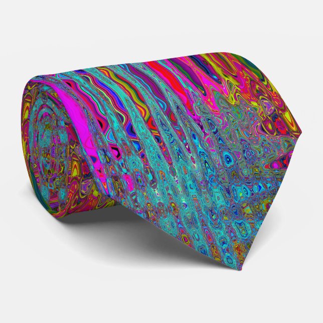 Gravata Ondas Atômicas Abstratas Azul Céu Trippy Retro (Rolled)