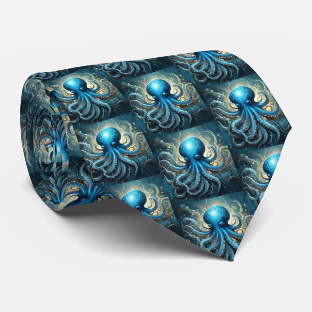 Gravata Ondas Celestiais: A Arte Fractal Octopus Azul (Rolled)