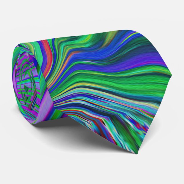 Gravata Ondas Trippy de Verde Lima e Roxo de Cor (Rolled)