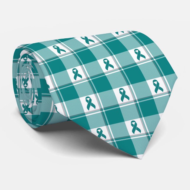 Gravata Oral Cancer Awareness Plaid Teal Ribbon (Rolled)