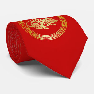 Gravata Ornamentado Ouro Vermelho Ano do Rato