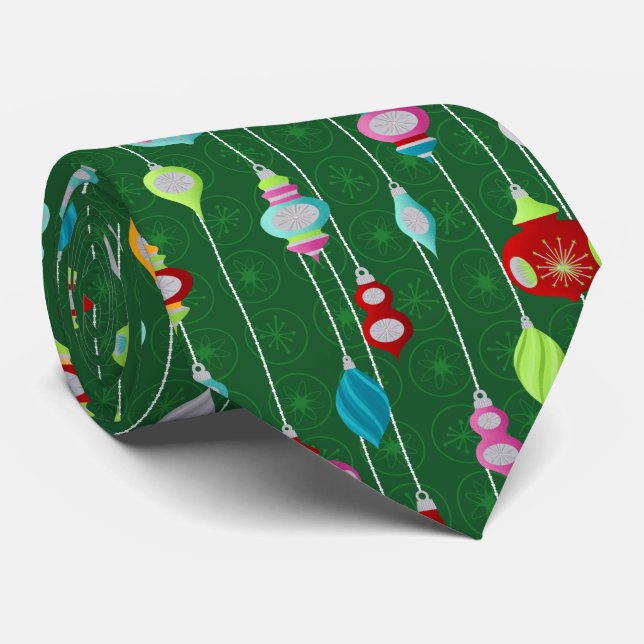 Gravata Ornamentos Retro Natal Verde (Rolled)