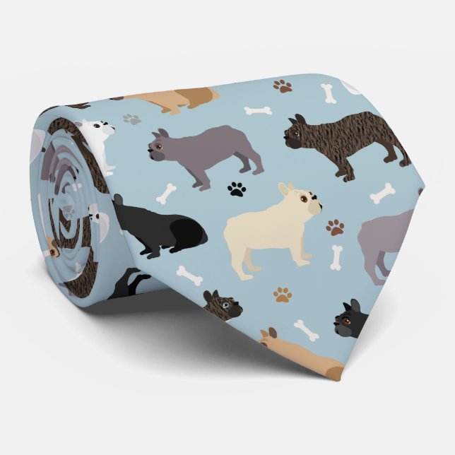 Gravata Ossos do Buldogue Francês e Pata Azul (Rolled)