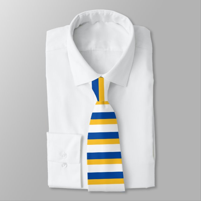 Gravata Ouro azul e laço Horizontal-Listrado branco (Amarrado)