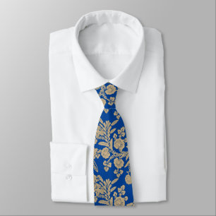 Gravata Ouro claro e presente floral azul