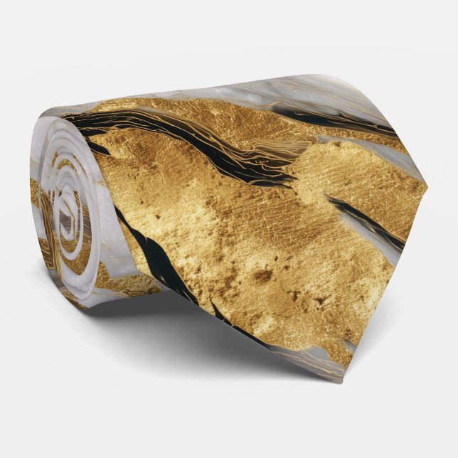 Gravata Padrão Abstrato de Mármore Dourado Branco de Luxo (Rolled)