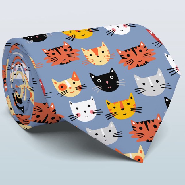 Gravata Padrão Azul de Gatos de Gatinhos Múltiplos (Fun cat pattern tie for animal lovers)