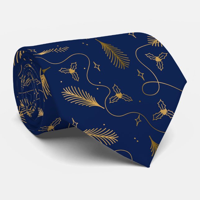 Gravata Padrão Azul e Dourado Elegante de Natal (Rolled)