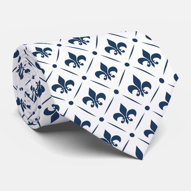 Gravata Padrão azul escuro Fleur De Lis sobre fundo branco (Rolled)