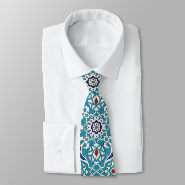 Gravata Padrão Azulejo Branco Azulejo Vermelho Azul (Amarrado)