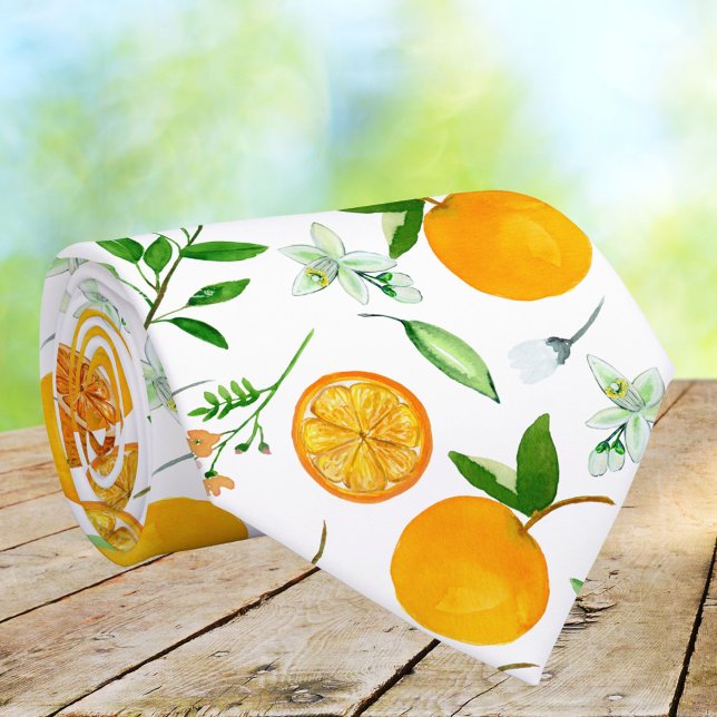 Gravata Padrão Botânico Floral de Citrus Laranja de Verão (Close up)