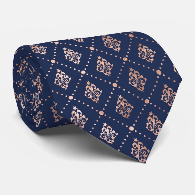 Gravata Padrão Botânico Pontilhado Rosa Dourado Azul Marin (Rolled)