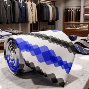 Gravata Padrão Branco Camadas de Azul e Preto Quadrados
