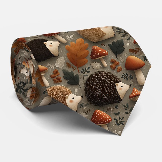 Gravata Padrão Caprichoso de Outono comouriço e Cogumelo (Rolled)