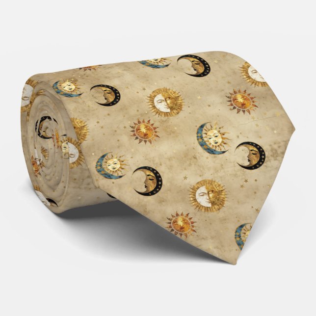 Gravata Padrão Celestial Sol & Lua Estrela Dourada Noite ( (Rolled)