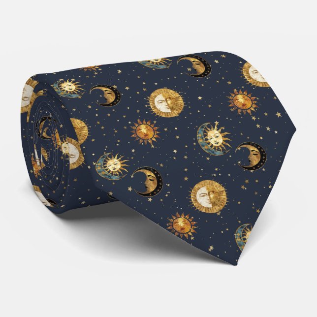 Gravata Padrão Celestial Sol & Lua Estrela Dourada Noite ( (Rolled)