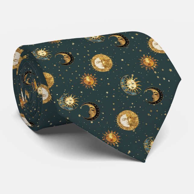 Gravata Padrão Celestial Sol & Lua Estrela Dourada Noite ( (Rolled)