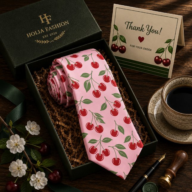Gravata Padrão Cereja Doce Vermelho Kawaii (Criador carregado)