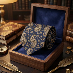 Gravata Padrão Clássico Barroco Paisley Dourado Marinho